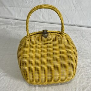 Vtg MCM 50s 60s Lesco Lona Round Wicker Yellow  Purse Handbag Made In Hong Kong